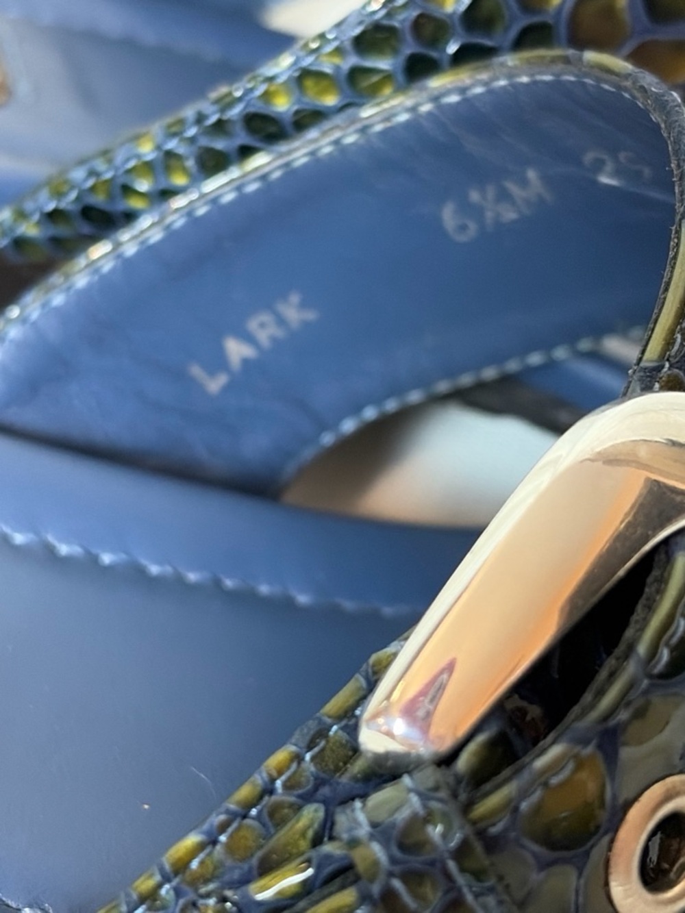 Brighton Navy Blue and Olive Green Snakeskin-Pattern Sandals - Picture 4 of 7